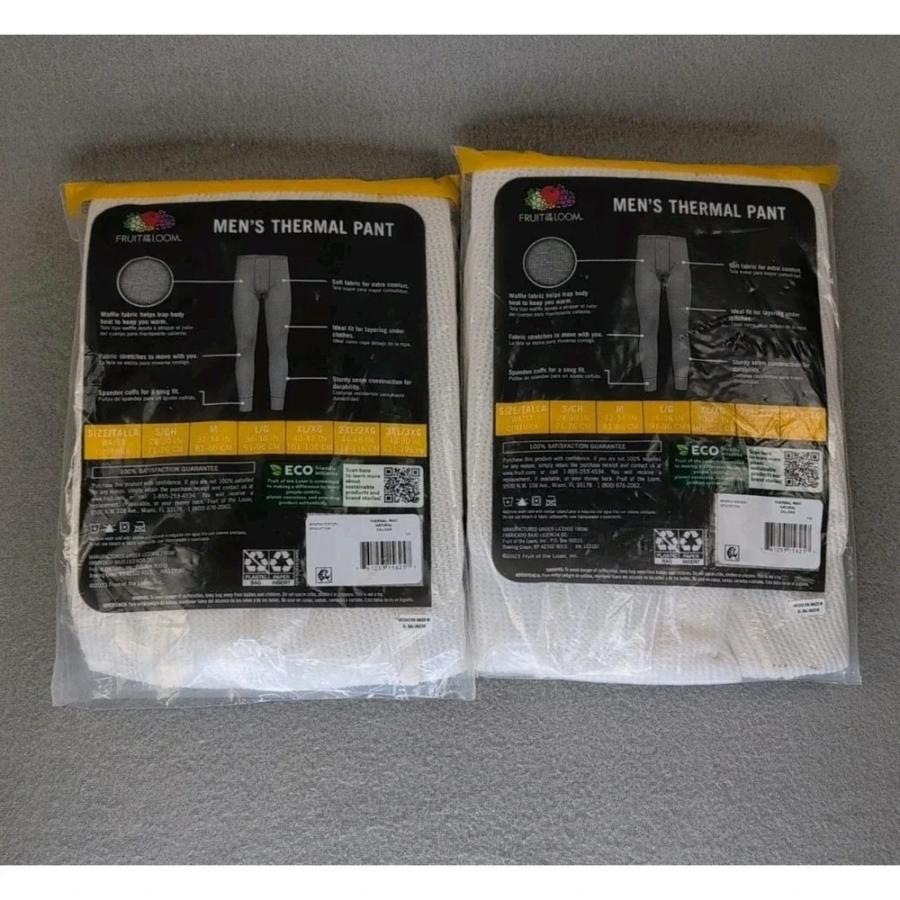 Fruit of the Loom Men's Thermal Pants 2XL White Long‎ Johns 2 Pack NIP